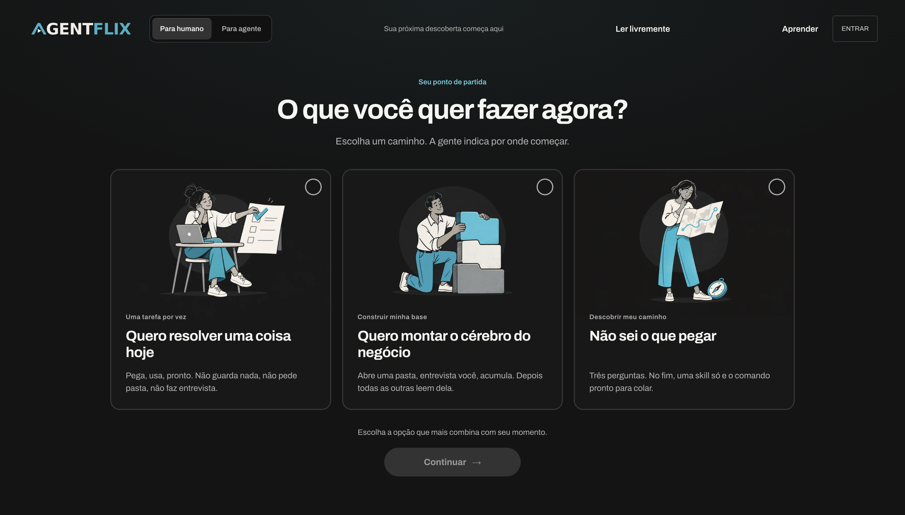 Interface do Agentflix para humanos, com caminhos de aprendizagem.