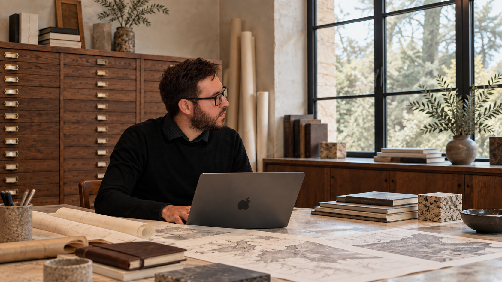 José diante de um laptop, com desenhos e materiais sobre a mesa do ateliê.