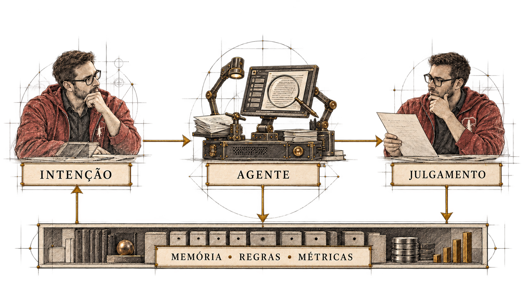 O humano define intenção e contexto. O agente executa, busca e verifica, e entrega para julgamento humano. A memória compartilhada registra execução, aprovação, histórico, regras e métricas e devolve feedback.