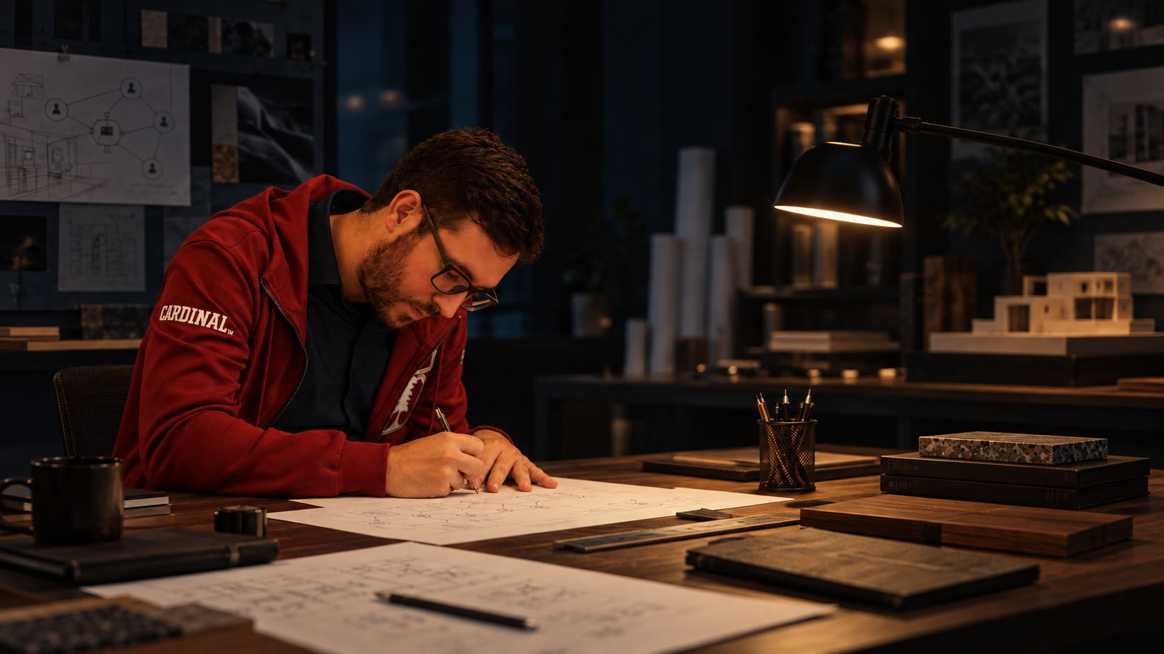 José desenhando uma operação à mão, em uma mesa de trabalho iluminada por uma luminária.